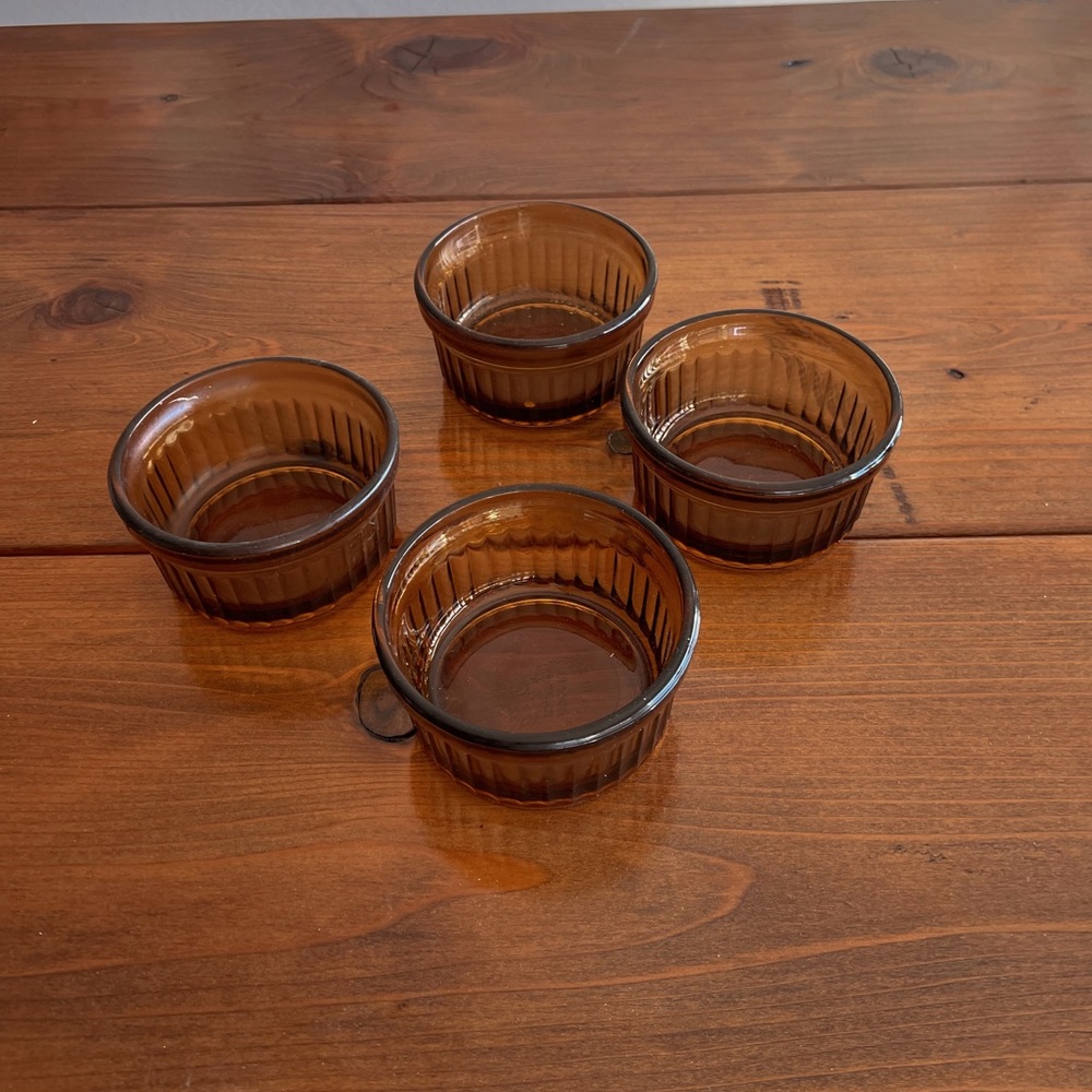 Antique amber glass ramekin dishes